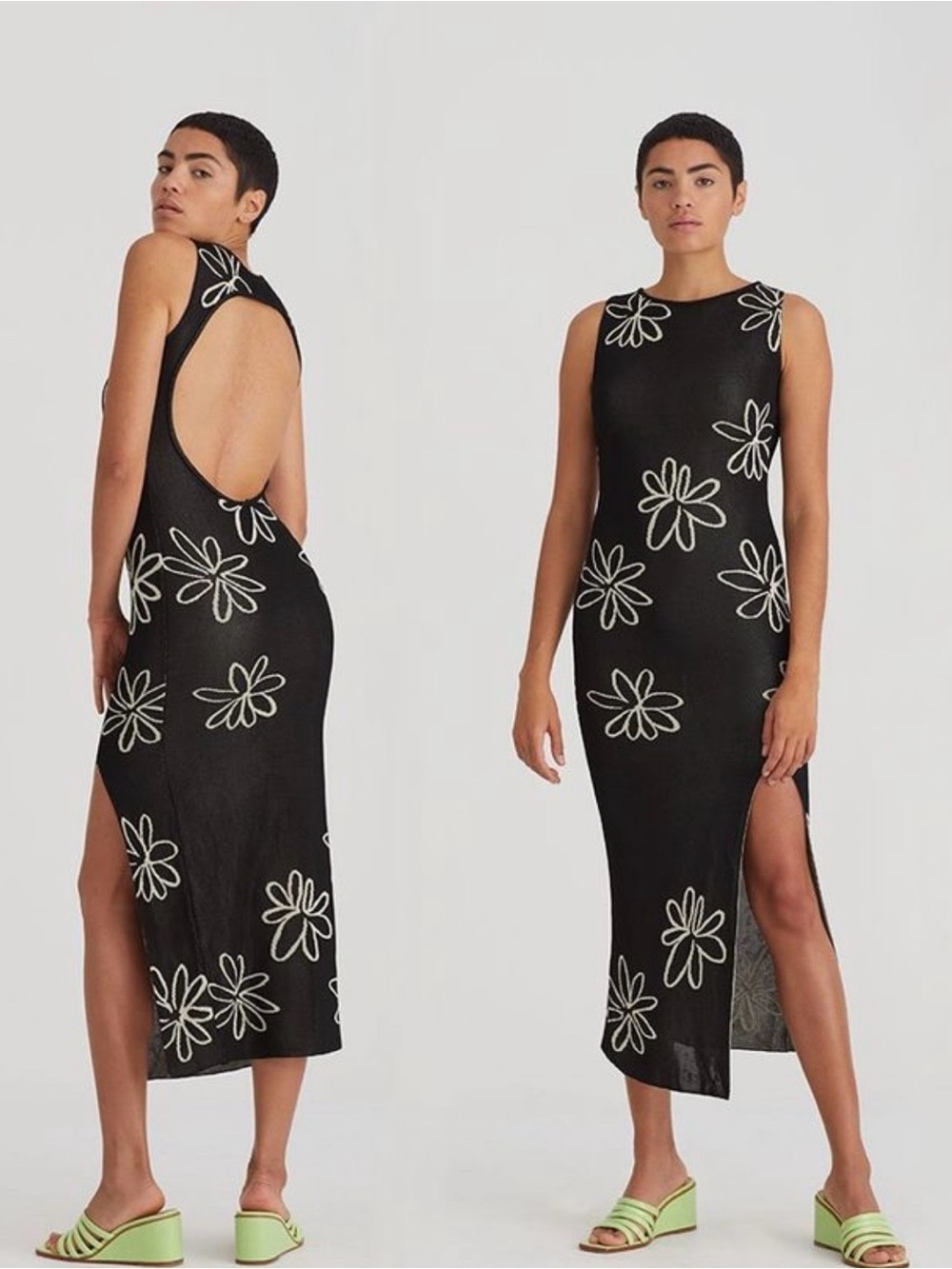 Black Floral Backless Midi Dress with Side Slit
